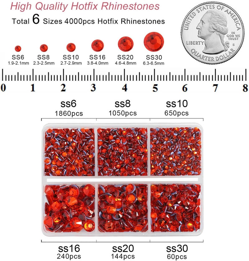 BEADSLAND Hotfix Rhinestones, 4000 PCS Orange Rhinestones for Clothes Crafts Mixed 6 Sizes with Wax Pencil and Tweezers Kit, SS6-SS30, Hyacinth - Image 4